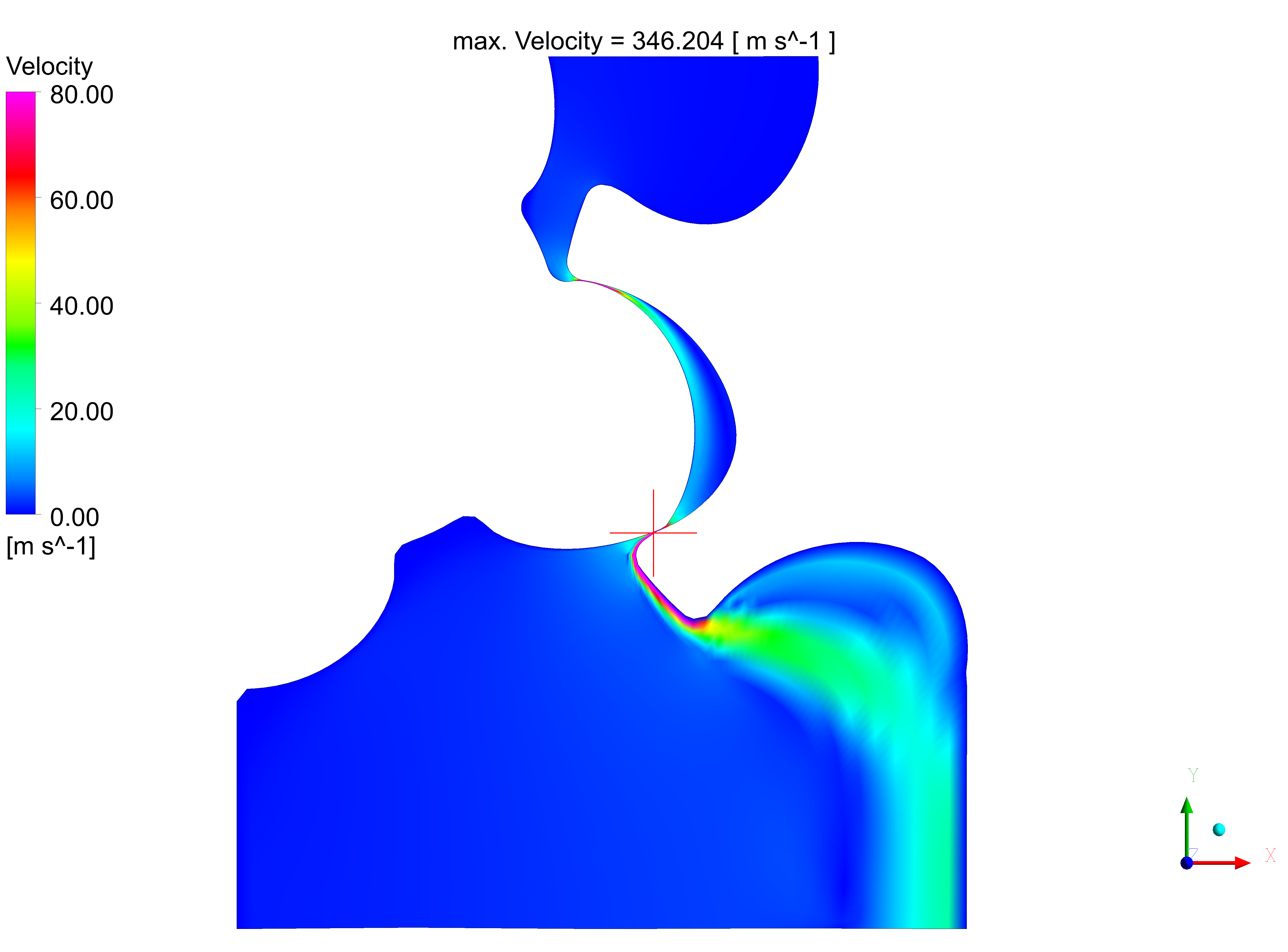 Simulation of the flow through the SRM profile interlobe clearance: Illustration of the velocity field for the coarse grid without inflation layer towards the walls (1)