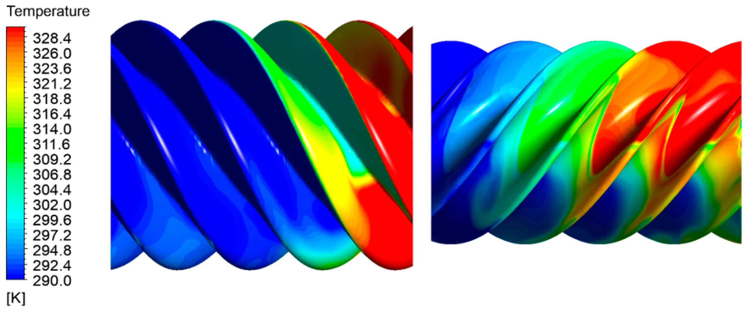 Temperature contours in male and female rotors